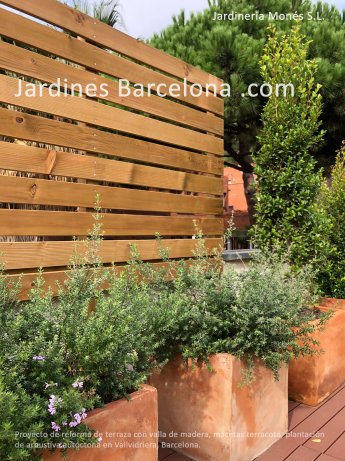 Proyecto de reforma de terraza con valla de madera, macetas de terracota y plantaci�n de arbustiva aut�ctona en Vallvidrera, Barcelona.