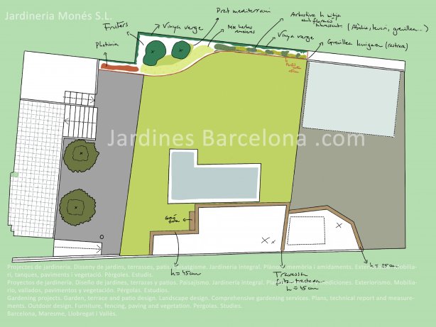 Projectes de jardineria. Disseny de jardins, terrasses, patis. Paisatgisme. Jardineria integral. Pl�nols, mem�ria i amidaments. Exteriorisme. Mobiliari, tanques, paviments i vegetaci�. P�rgoles. Estudis. Barcelona, Maresme, Llobregat i Vall�s.