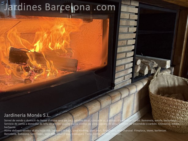 Servicio de venta a domicilio de le�a de encina seca en sacos, astillas de pino, c�scara de pino, pastillas de encendido y carb�n. Chimenea, estufa, barbacoa. Barcelona, Badalona, Sant Cugat, Sant Just, Joan Desp�, Esplugues, Tiana, Alella, Premi�, Vilass