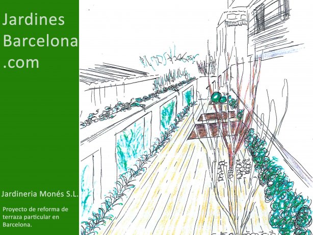 Disseny de terrassa en planta baixa particular a Barcelona. Tarima de fusta, plantacions, formaci� d'escocells i plantaci� d'arbres, bolo decoratiu. Projecte de jardineria.