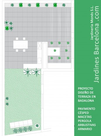 Jardineria Mon�s va realitzar el projecte de diseny d'aquesta terrassa. Disseny de terrassa a Badalona amb paviment elevat, p�rgola met�l�lica, gespa artificial, jardineres i plantacions d'arbustives, reg autom�tic, mobiliari de cuina amb fusta de pi de f