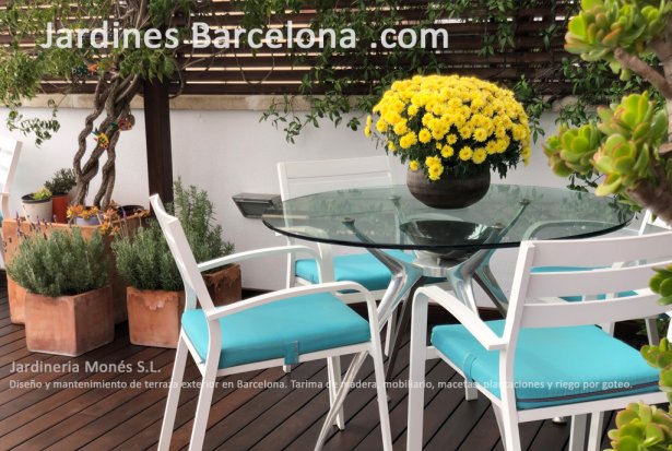Disseny de terrassa exterior i posterior manteniment. Tarima fusta, mobiliari, testos i plantes. Jardineria Mon�s a Barcelona