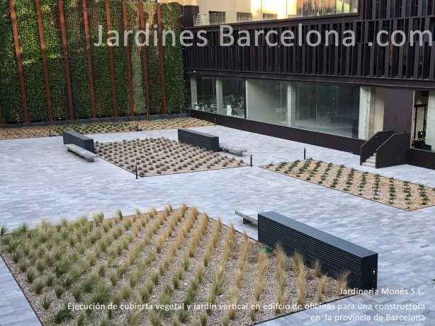 Ejecuci�n de cubierta vegetal i jard�n vertical en un edificio para constructora en Barcelona con lamina drenante, mallas, gravas, sustratos i plantaciones